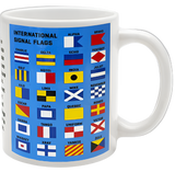 A mug that has different signal flags on it. There is a blue background with all the different signal flags laid out over top. There is text that says, "International signal flags."