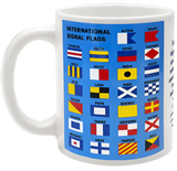 A mug that has different signal flags on it. There is a blue background with all the different signal flags laid out over top. There is text that says, "International signal flags."