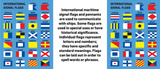 An illustration of the signal flags design on the mug. There is a blue background with the different signal flags laid over top. In the center, there is text that reads, "International maritime signal flags and pennants are used to communicate with ships. Some flags are used in special uses or have historical significance. Individual flags represent letters and numbers; thy have specific and standard meanings. Flags can be laid out in order to spell words or phrases."