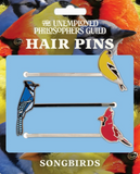 Hair pins of A Northern Cardinal, an American Goldfinch, and a Blue Jay.