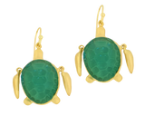 A pair of earrings shaped like turtles. They have a teal shell and a golden body.