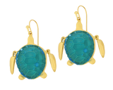 A pair of earrings shaped like turtles. They have a turquoise shell and a golden body.