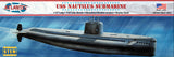 A model boat kit called, "USS Nautilus Submarine." There is an illustration on the box of a submarine submerged underwater.