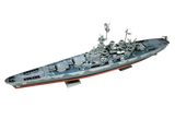A fully built model of the USS North Carolina. It has a grey top and a red bottom.