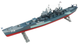 A fully built model of the USS Pittsburgh. It is blue and grey with a red bottom. It is being held up by two stands.