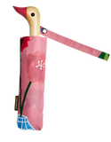 A pink umbrella with a design of a flower in a vase, with a duck head on top of the pole with a red beak.
