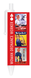 A visual of the illustrations on a pen. There are three illustrations of Rosie the Riveter and text on the side that says, "Woman ordinance worker."
