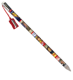 A large pencil with a depiction of different women who worked during WWII. There is also a red pencil sharpener with the pencil.