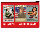 A red zipper pouch with different illustrated posters from WWII that encouraged women to get involved in war efforts. There is white text that reads, "Women of World War II."