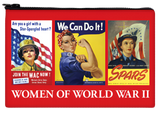 A red zipper pouch with different illustrated posters from WWII that encouraged women to get involved in war efforts. There is white text that reads, "Women of World War II."