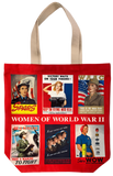 A red tote bag with different illustrated posters from WWII that encouraged women to get involved in war efforts.