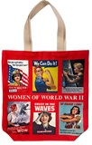 A red tote bag with different illustrated posters from WWII that encouraged women to get involved in war efforts.