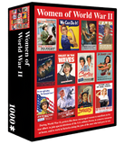 A 1,000 piece puzzle box for Women of World War II. There are different posters depicted in this puzzle of women's involvement in the war. There is text at the bottom that reads, "During World War II, posters like these encouraged women to contribute to the war effort: to join special divisions of the U.S. military forces, to conserve resources at home, and to work in factories doing the jobs of the men who had gone to war."