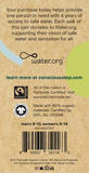 The back of a label. It reads, "Your purchase today helps provide one person in need with 4 years of access to safe water. Each sale of this pair donates to Water.org, supporting their vision of safe water and sanitation for all."