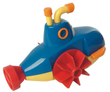 A wind-up submarine toy. It is blue with a yellow bottom, a red gear, and yellow periscopes.