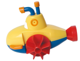 A wind-up submarine toy. It is yellow with a blue bottom, a red gear, and blue and orange periscopes.