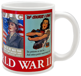 A mug depicting different illustrations of posters encouraging women to work or fight during WWII.