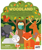 A coloring book with stickers that has different woodland animals in it. There is a depiction of a tree with acorns and leaves in it and a blue owl sitting in the center with its yellow eyes closed. On the tree, there is also an orange squirrel. Next to them there is a black bear, a white rabbit. an orange fox, and a brown deer. There is text at the top of the tree that says, "Woodland coloring book + stickers."