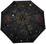 An open umbrella with a sun in the center, the sun and the moon repeating round the base, and some constellations and stars around the canopy.