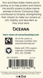 Back of the tag for Conscious Step cotton apparel, showing separate panels for preschool and toddler sizes with product codes, barcodes, and certification text on a white background.