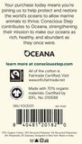 Back of the tag for Conscious Step cotton apparel, showing separate panels for preschool and toddler sizes with product codes, barcodes, and certification text on a white background.