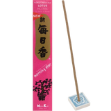Lotus incense packaging with a single incense stick in a blue and white floral holder.