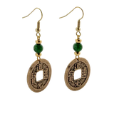 Pair of gold and jade beaded coin shaped earrings with Chinese characters inscribed