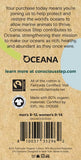 Back of a tag with Oceana branding and sustainability information on a white background