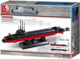 Model submarine toy set with packaging featuring a brand logo.