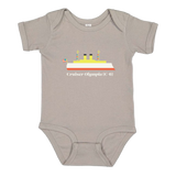 Front of titanium colored onesie featuring Cruiser Olympia
