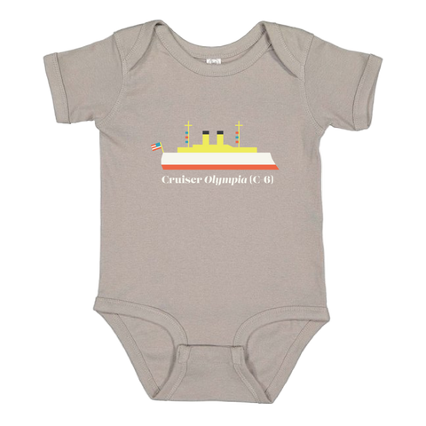 Front of titanium colored onesie featuring Cruiser Olympia
