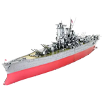 Assembled metal model of a Yamato Battleship with red hull on a white background