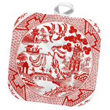 Red and white patterned pot holder with intricate designs on a white background