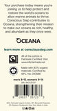 Back of a product tag with Oceana branding and sustainability information.