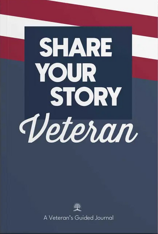 Book cover with 'Share Your Story Veteran' text on a blue background