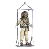 Assembled metal model of a vintage diving suit with a metal stand on a white background