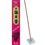 Rose incense packaging with a single incense stick in a blue and white floral holder.