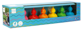 Box of colorful plastic ducks with a child playing outside on a white background