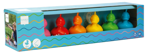 Box of colorful plastic ducks with a child playing outside on a white background