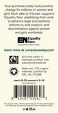 Back of tag card for women's Equality socks featuring product information, certification logos, a barcode, and a commitment to fair trade and environmental sustainability.