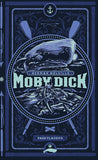 Moby Dick book cover illustration in a dark navy blue and light blue vintage style, featuring the whale, sea monsters, and the title 'Moby Dick' with 'Herman Melville' and 'Page Classics' text.