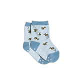 Pair of blue socks with bee pattern