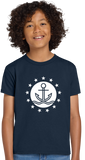Child wearing a navy blue t-shirt with a white anchor design 
