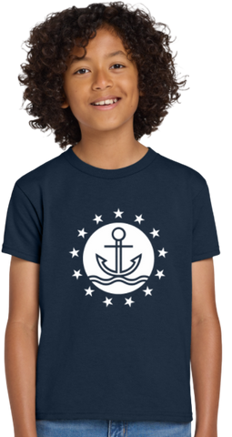 Child wearing a navy blue t-shirt with a white anchor design 
