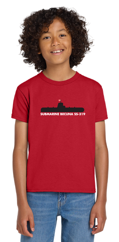 Child wearing a red t-shirt with image of Submarine Becuna in black and the text following in white "SUBMARINE BECUNA SS-319"