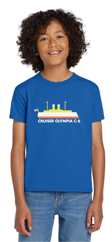 Child wearing a blue t-shirt with a graphic design of Cruiser OLYMPIA