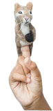 A felted chipmunk finger puppet with brown, white, and black details, held on a person's index finger