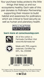 Back of a tag with text and logos related to sustainability and product details.