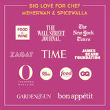 Promotional graphic with various media outlets' logos on a pink background