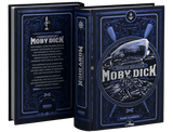 A hardcover book titled "Moby Dick" shown open to the front and back covers, with a dark navy blue design, ornate nautical illustrations, and white title text. The spine is visible between the two covers.